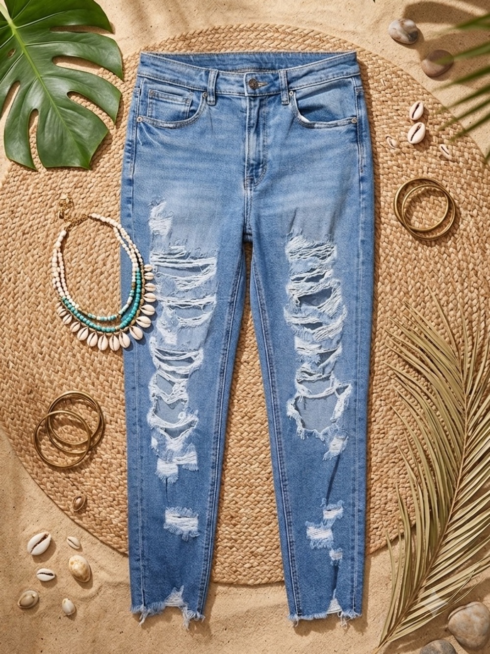 AMERICAN EAGLE High Rise Distressed Mom Jeans with Raw Frayed Hem